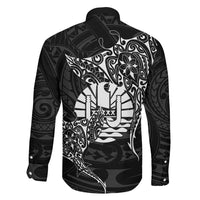 French Polynesia Manta Ray Tattoo Family Matching Long Sleeve Bodycon Dress and Hawaiian Shirt Tahiti Hahalua Turtle Shark Black Color