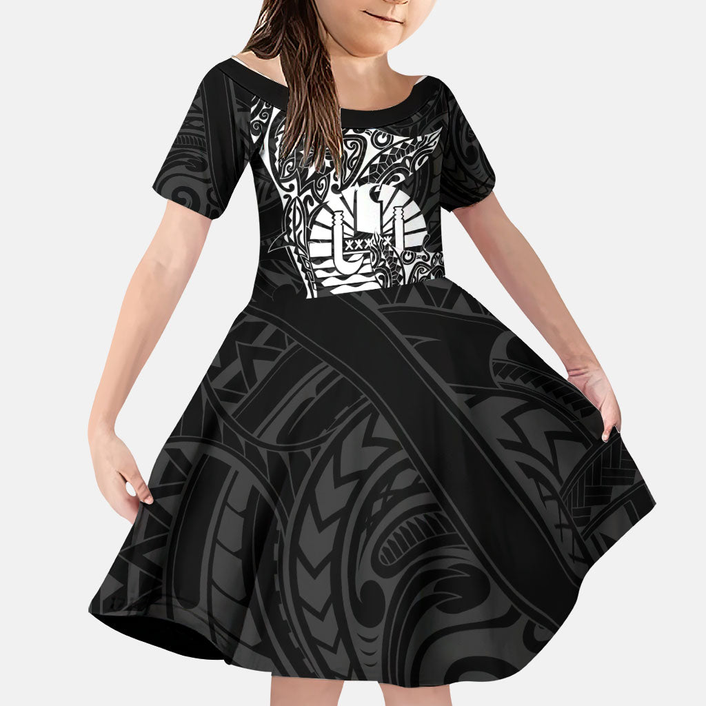 French Polynesia Manta Ray Tattoo Family Matching Mermaid Dress and Hawaiian Shirt Tahiti Hahalua Turtle Shark Black Color