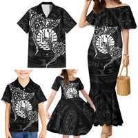 French Polynesia Manta Ray Tattoo Family Matching Mermaid Dress and Hawaiian Shirt Tahiti Hahalua Turtle Shark Black Color