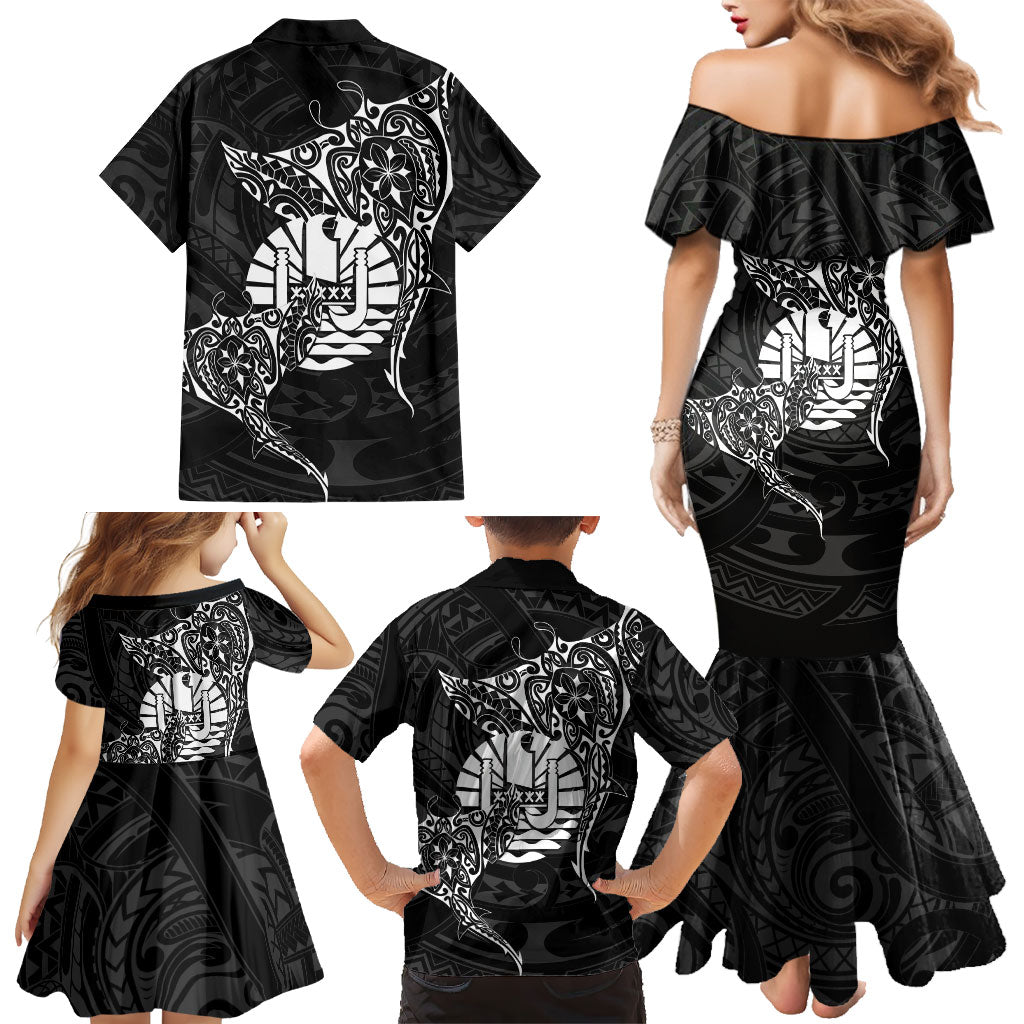 French Polynesia Manta Ray Tattoo Family Matching Mermaid Dress and Hawaiian Shirt Tahiti Hahalua Turtle Shark Black Color