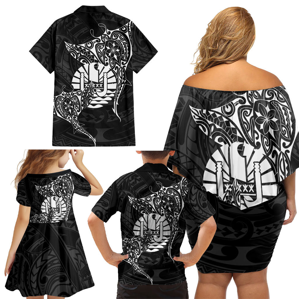 French Polynesia Manta Ray Tattoo Family Matching Off Shoulder Short Dress and Hawaiian Shirt Tahiti Hahalua Turtle Shark Black Color