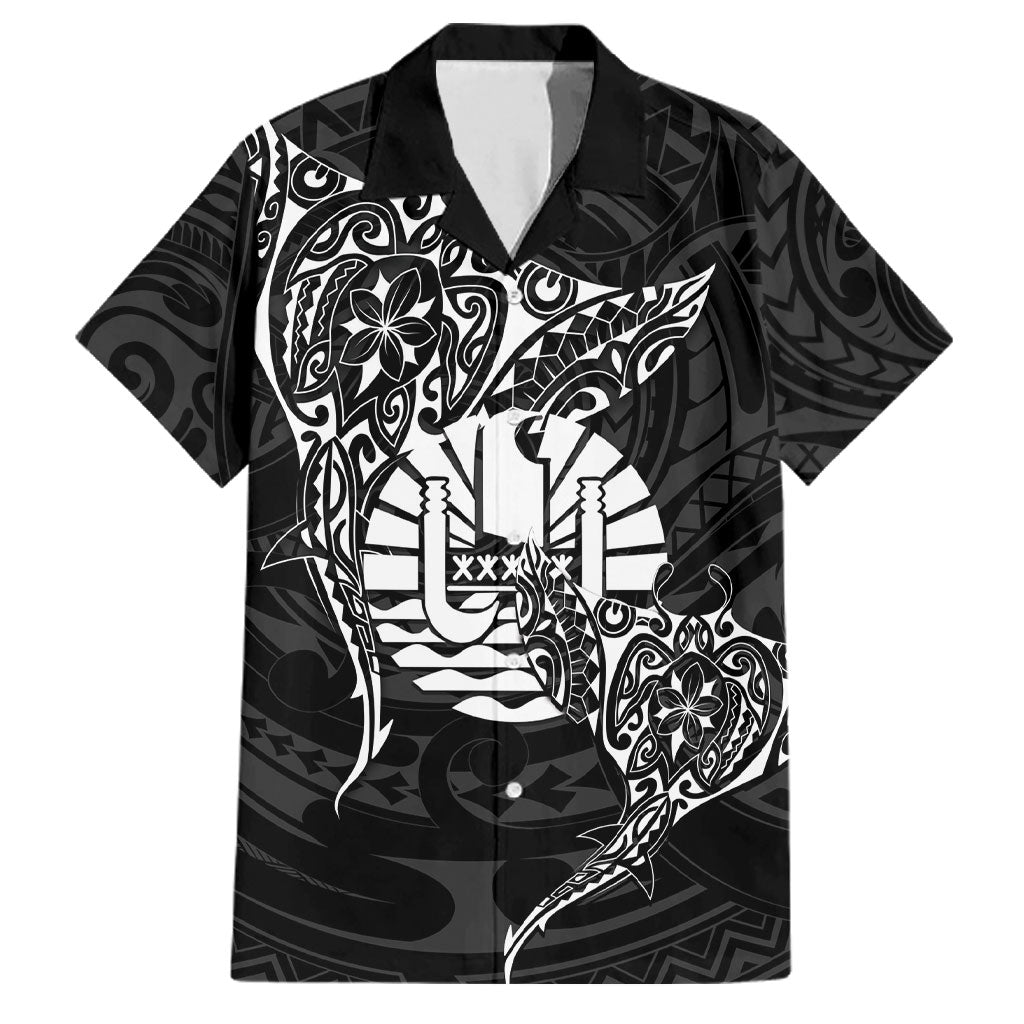 French Polynesia Manta Ray Tattoo Family Matching Off Shoulder Short Dress and Hawaiian Shirt Tahiti Hahalua Turtle Shark Black Color