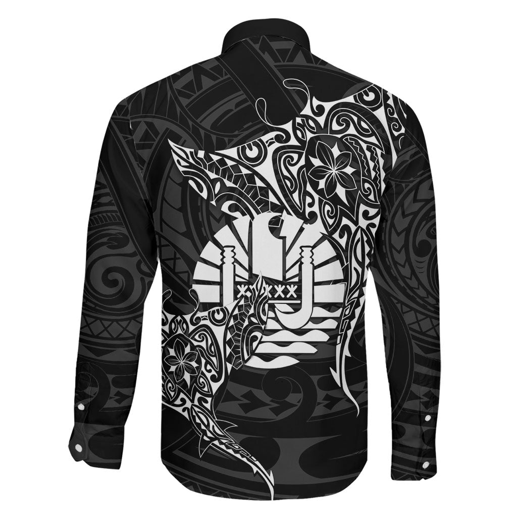 French Polynesia Manta Ray Tattoo Family Matching Off Shoulder Short Dress and Hawaiian Shirt Tahiti Hahalua Turtle Shark Black Color