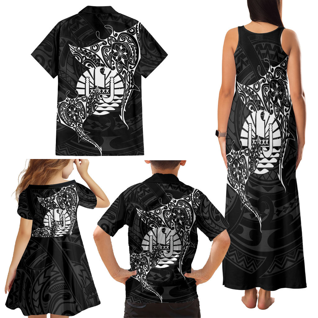 French Polynesia Manta Ray Tattoo Family Matching Tank Maxi Dress and Hawaiian Shirt Tahiti Hahalua Turtle Shark Black Color