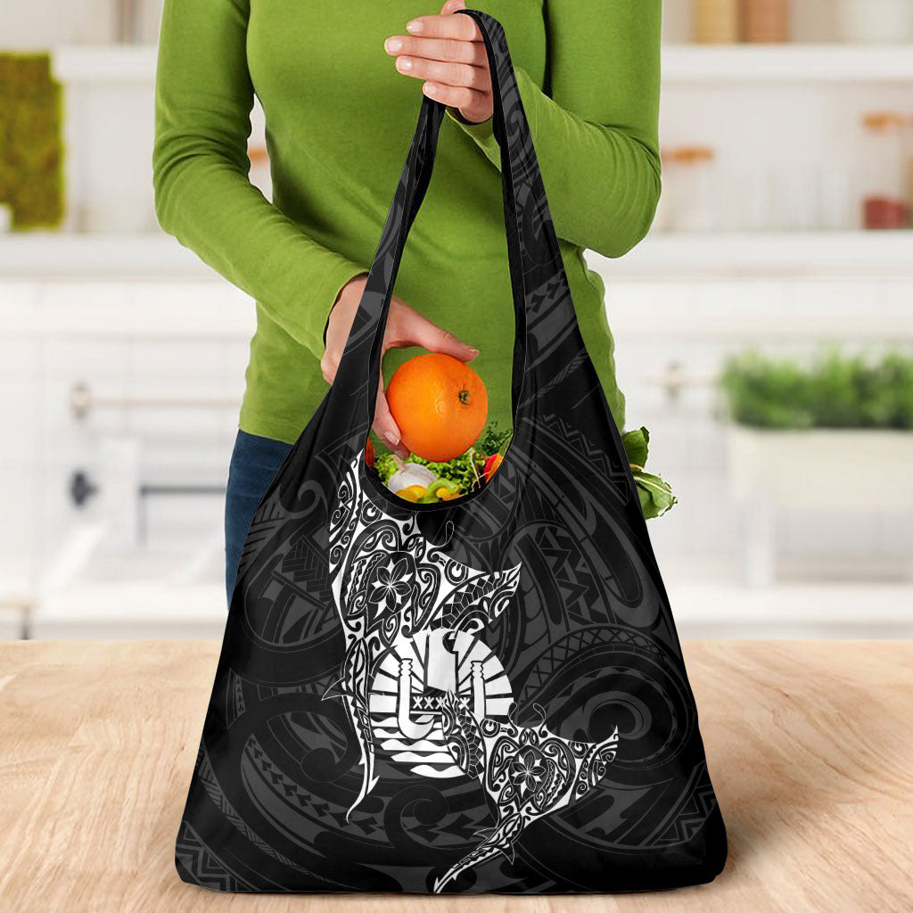 French Polynesia Manta Ray Tattoo Grocery Bag Tahiti Hahalua Turtle Shark Black Color LT14 - Polynesian Pride