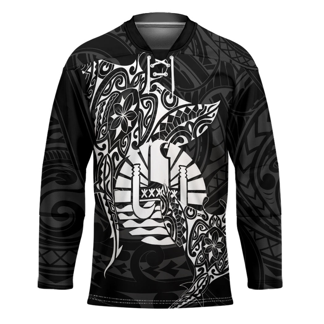 French Polynesia Manta Ray Tattoo Hockey Jersey Tahiti Hahalua Turtle Shark Black Color LT14 Unisex Black - Polynesian Pride