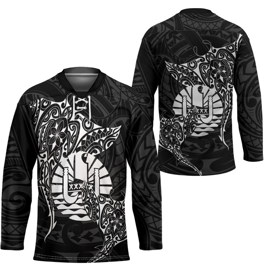 French Polynesia Manta Ray Tattoo Hockey Jersey Tahiti Hahalua Turtle Shark Black Color LT14 - Polynesian Pride