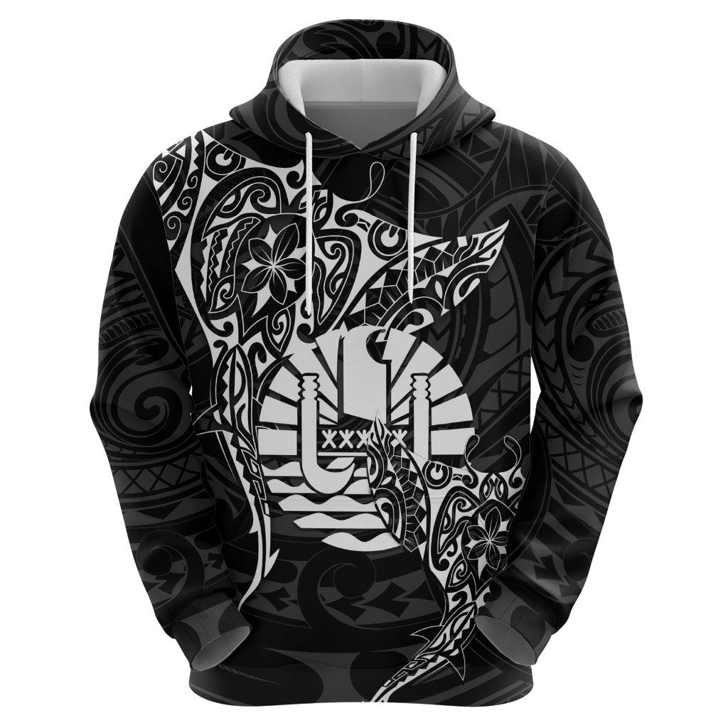 French Polynesia Manta Ray Tattoo Hoodie Tahiti Hahalua Turtle Shark Black Color