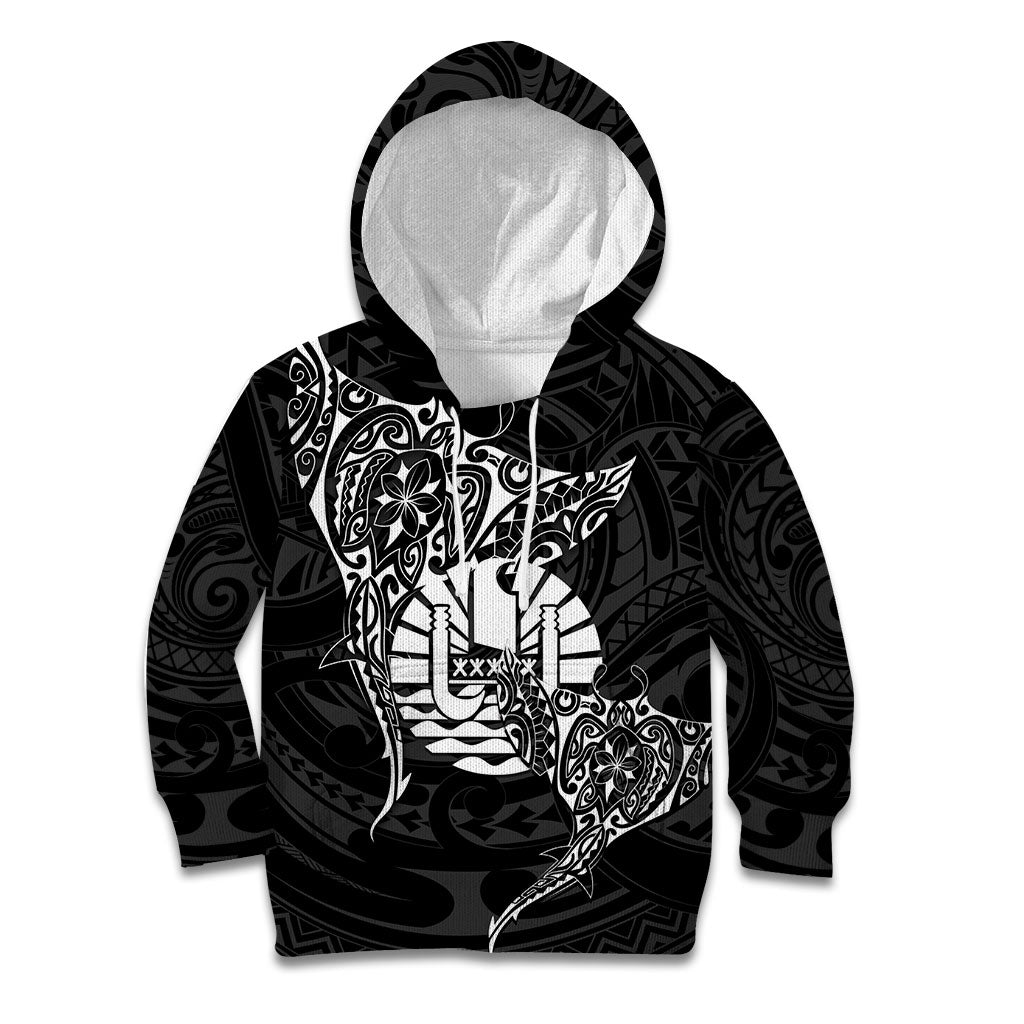 French Polynesia Manta Ray Tattoo Kid Hoodie Tahiti Hahalua Turtle Shark Black Color