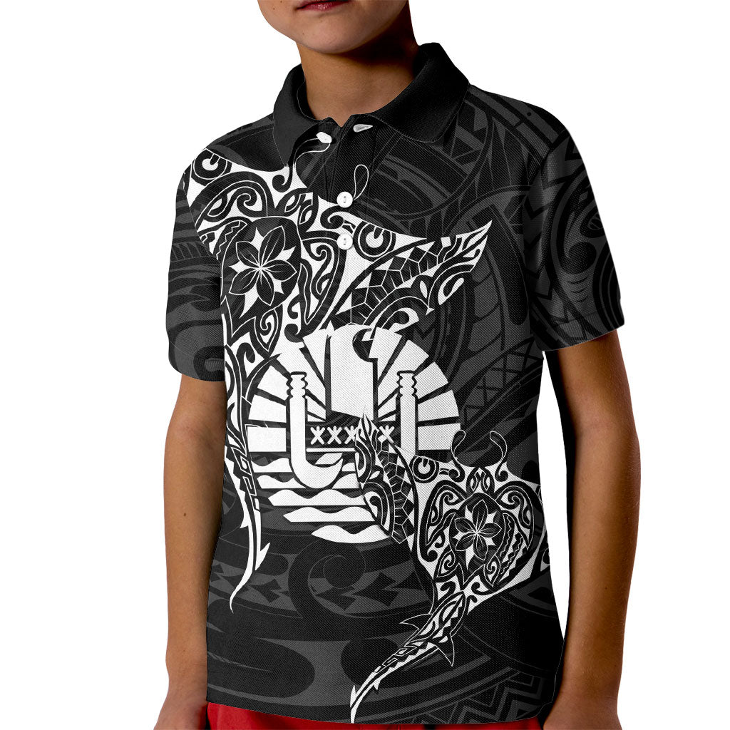 French Polynesia Manta Ray Tattoo Kid Polo Shirt Tahiti Hahalua Turtle Shark Black Color LT14 Kid Black - Polynesian Pride