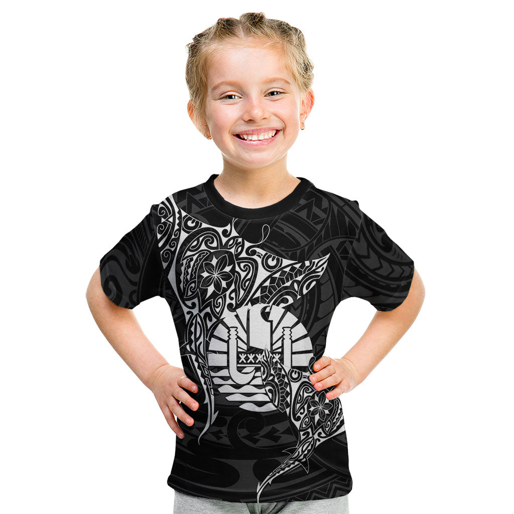 French Polynesia Manta Ray Tattoo Kid T Shirt Tahiti Hahalua Turtle Shark Black Color LT14 Black - Polynesian Pride