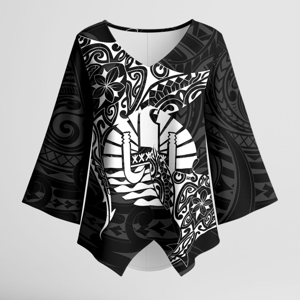 French Polynesia Manta Ray Tattoo Kimono Sleeve Blouse Tahiti Hahalua Turtle Shark Black Color LT14 Female Black - Polynesian Pride