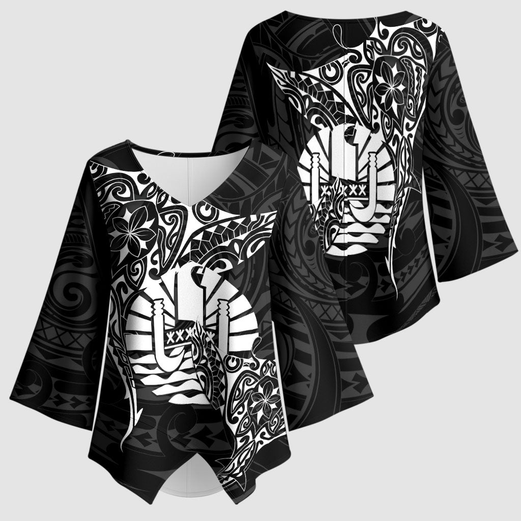 French Polynesia Manta Ray Tattoo Kimono Sleeve Blouse Tahiti Hahalua Turtle Shark Black Color LT14 - Polynesian Pride