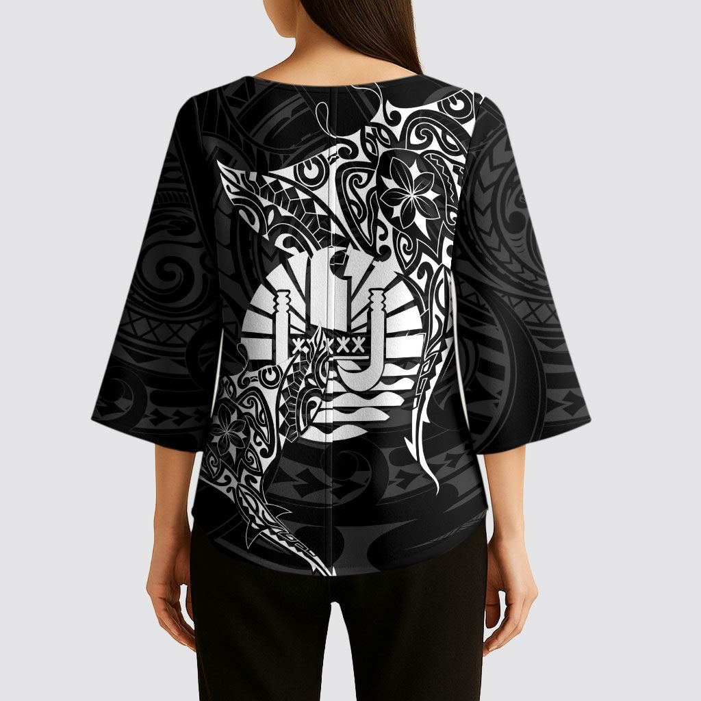 French Polynesia Manta Ray Tattoo Kimono Sleeve Blouse Tahiti Hahalua Turtle Shark Black Color LT14 - Polynesian Pride