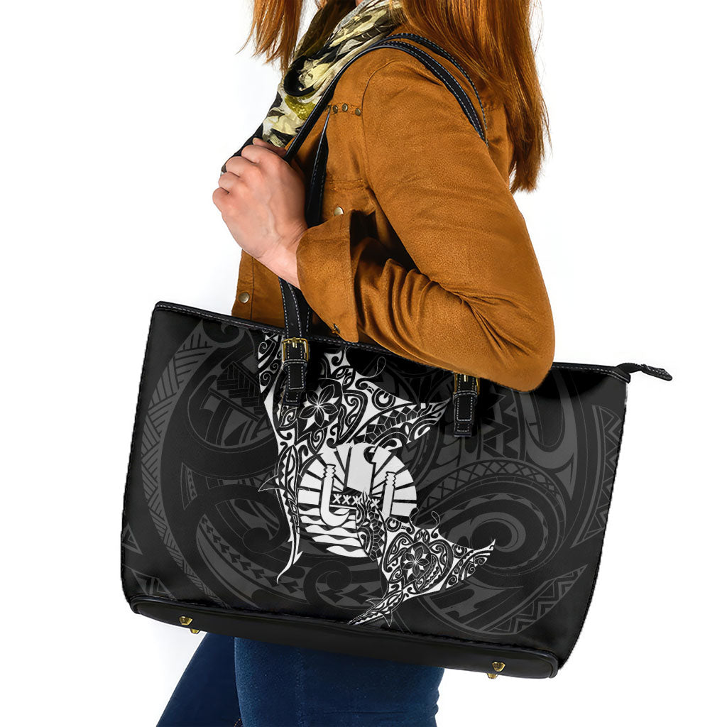 French Polynesia Manta Ray Tattoo Leather Tote Bag Tahiti Hahalua Turtle Shark Black Color LT14 Black - Polynesian Pride