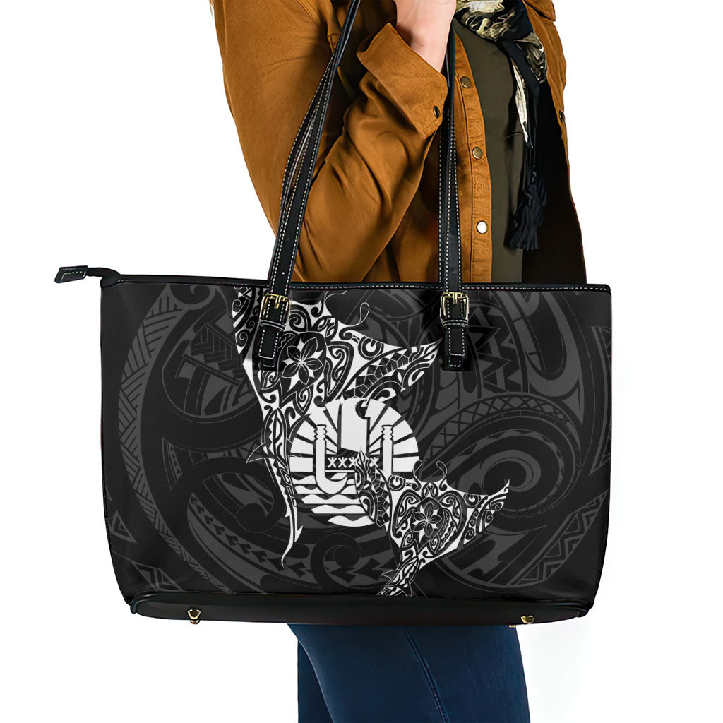 French Polynesia Manta Ray Tattoo Leather Tote Bag Tahiti Hahalua Turtle Shark Black Color LT14 - Polynesian Pride