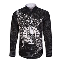 French Polynesia Manta Ray Tattoo Long Sleeve Button Shirt Tahiti Hahalua Turtle Shark Black Color LT14 Unisex Black - Polynesian Pride