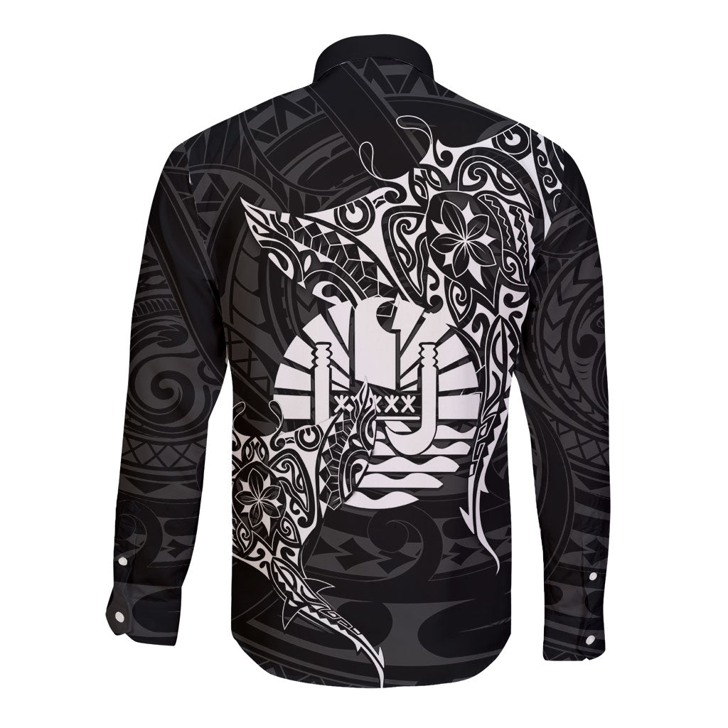 French Polynesia Manta Ray Tattoo Long Sleeve Button Shirt Tahiti Hahalua Turtle Shark Black Color LT14 - Polynesian Pride