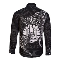 French Polynesia Manta Ray Tattoo Long Sleeve Button Shirt Tahiti Hahalua Turtle Shark Black Color LT14 - Polynesian Pride