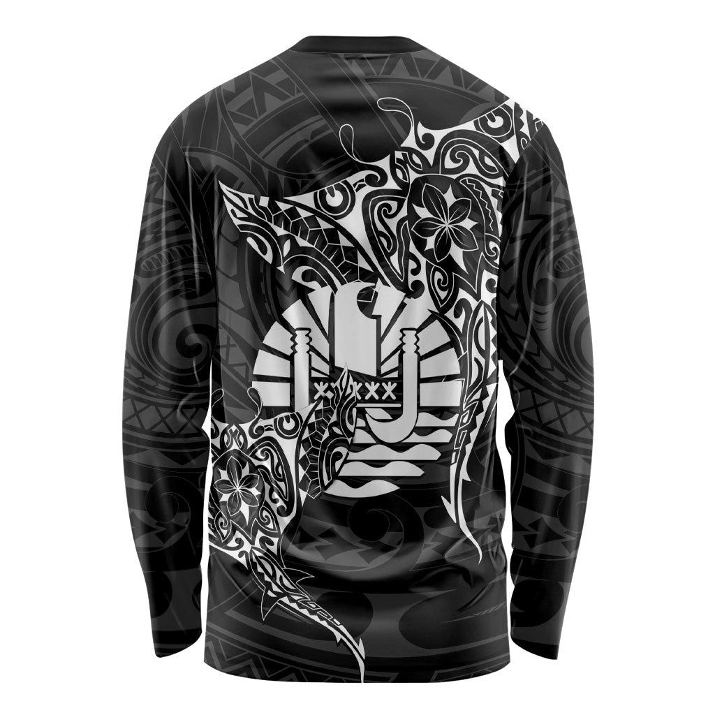French Polynesia Manta Ray Tattoo Long Sleeve Shirt Tahiti Hahalua Turtle Shark Black Color