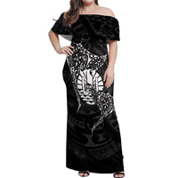 French Polynesia Manta Ray Tattoo Off Shoulder Maxi Dress Tahiti Hahalua Turtle Shark Black Color