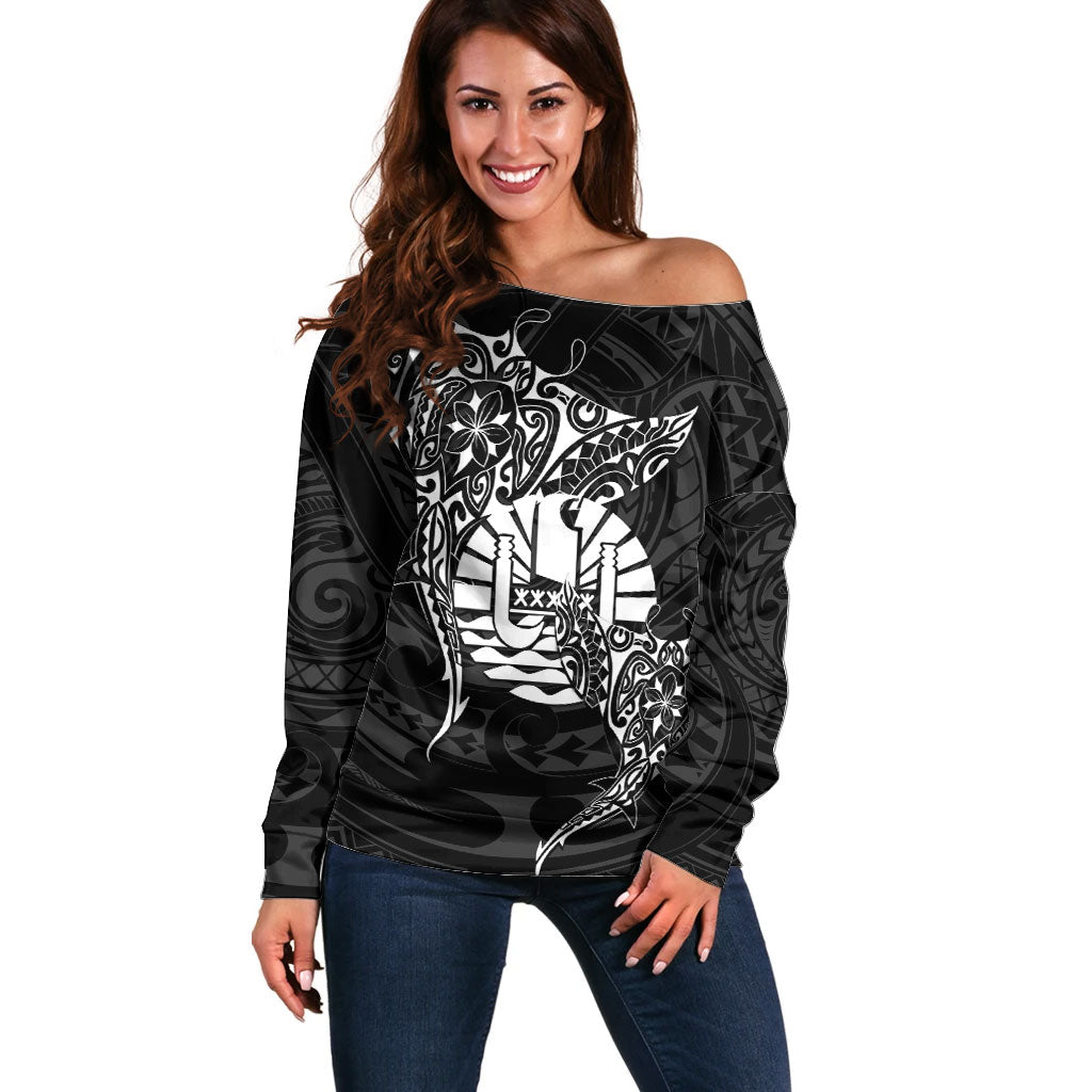 French Polynesia Manta Ray Tattoo Off Shoulder Sweater Tahiti Hahalua Turtle Shark Black Color LT14 Women Black - Polynesian Pride