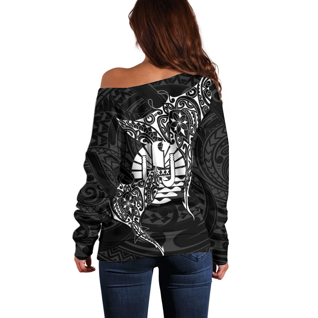 French Polynesia Manta Ray Tattoo Off Shoulder Sweater Tahiti Hahalua Turtle Shark Black Color LT14 - Polynesian Pride