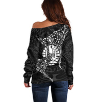 French Polynesia Manta Ray Tattoo Off Shoulder Sweater Tahiti Hahalua Turtle Shark Black Color LT14 - Polynesian Pride