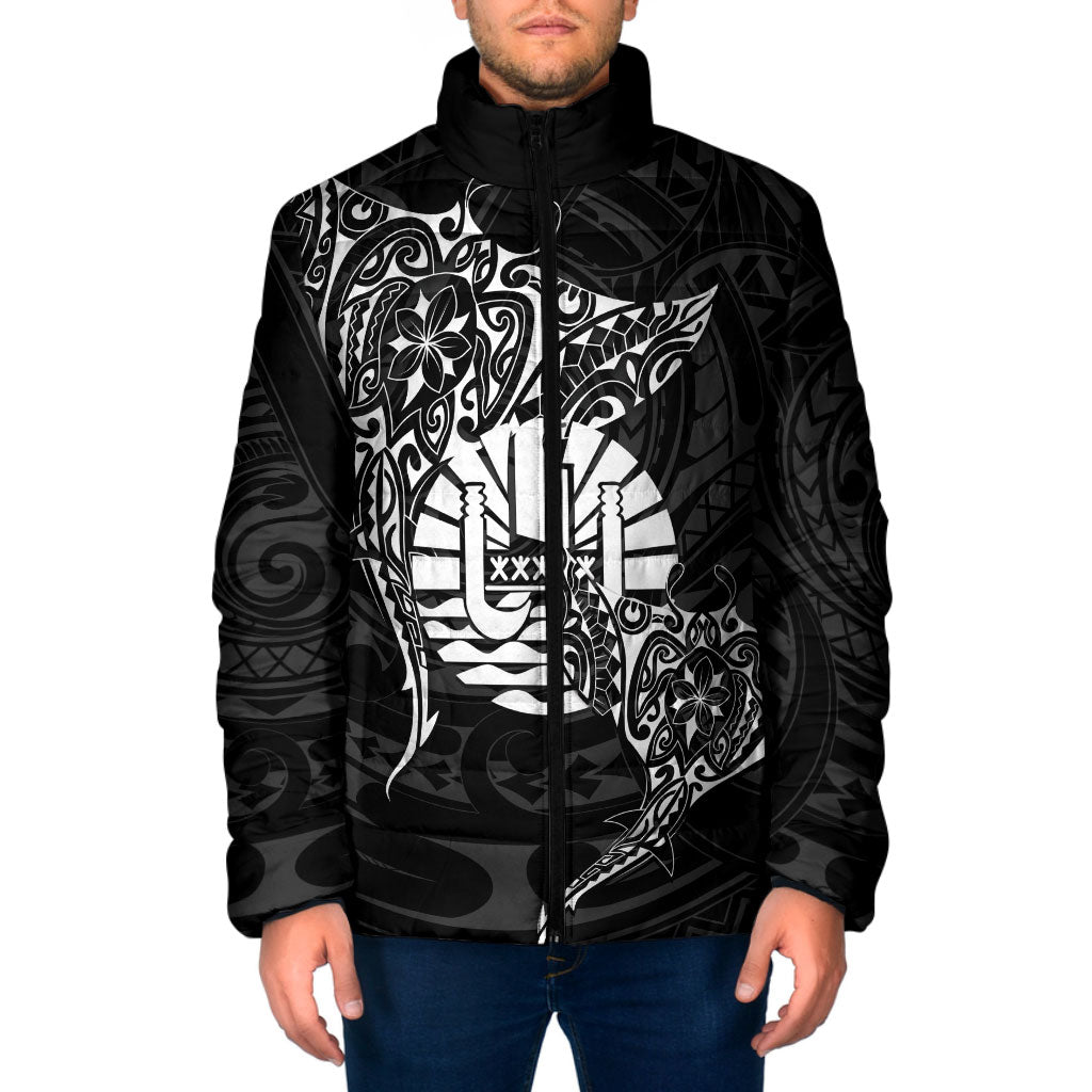 French Polynesia Manta Ray Tattoo Padded Jacket Tahiti Hahalua Turtle Shark Black Color