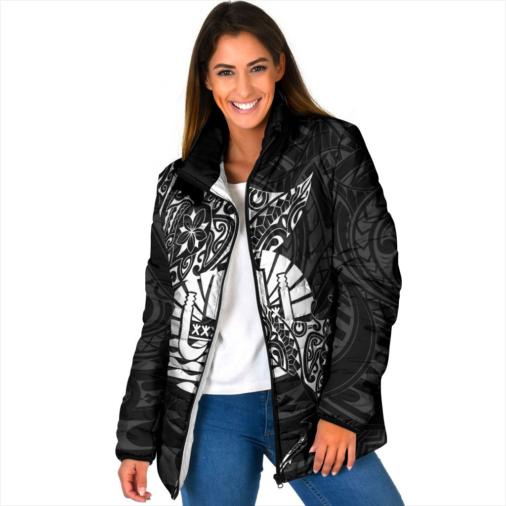 French Polynesia Manta Ray Tattoo Padded Jacket Tahiti Hahalua Turtle Shark Black Color