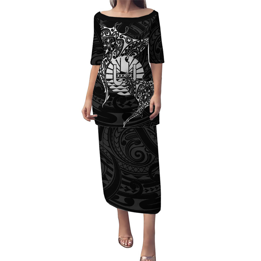 French Polynesia Manta Ray Tattoo Puletasi Tahiti Hahalua Turtle Shark Black Color LT14 Long Dress Black - Polynesian Pride