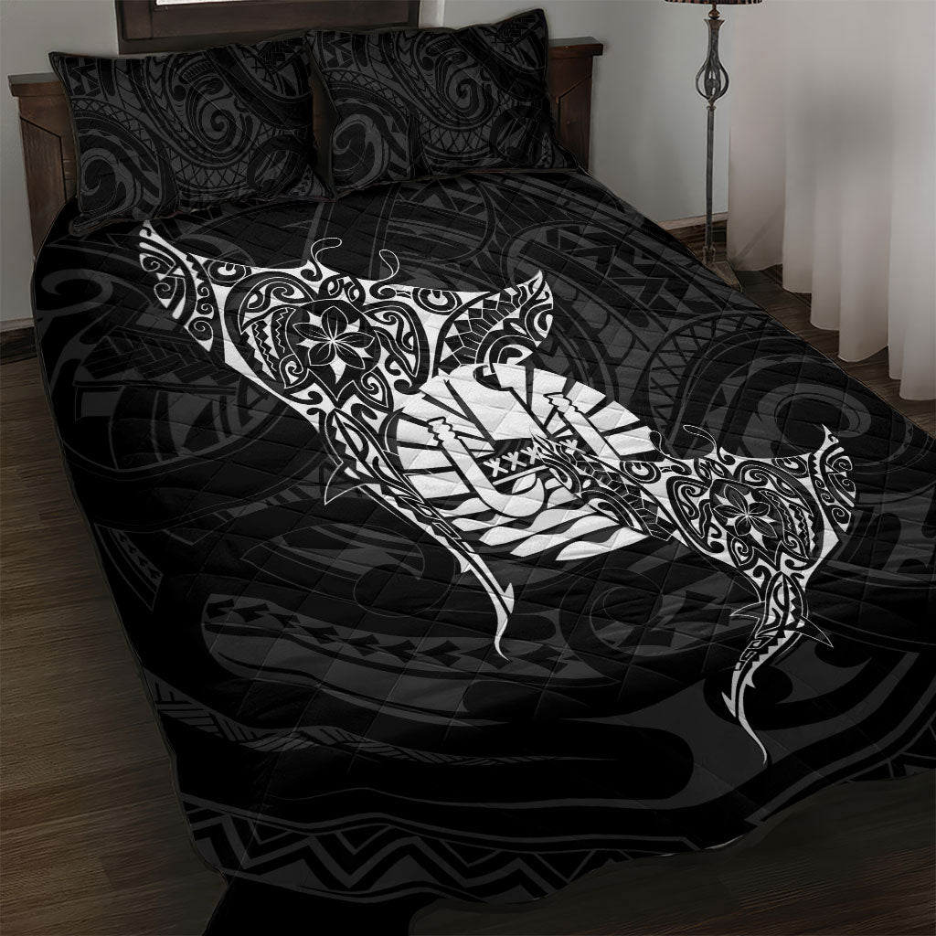 French Polynesia Manta Ray Tattoo Quilt Bed Set Tahiti Hahalua Turtle Shark Black Color