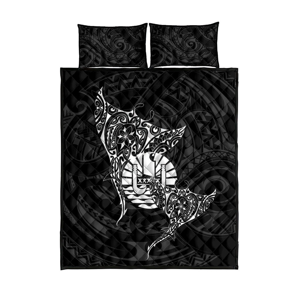 French Polynesia Manta Ray Tattoo Quilt Bed Set Tahiti Hahalua Turtle Shark Black Color LT14 - Polynesian Pride