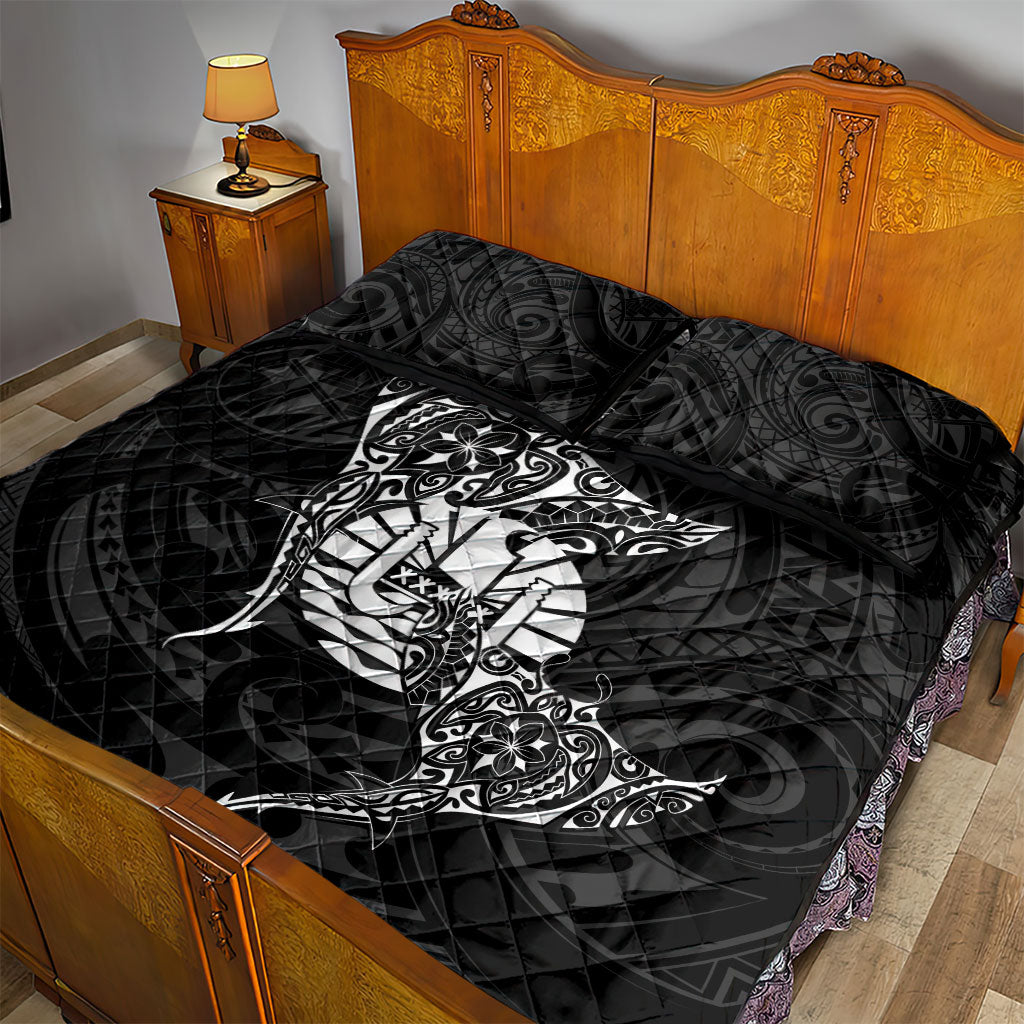 French Polynesia Manta Ray Tattoo Quilt Bed Set Tahiti Hahalua Turtle Shark Black Color LT14 - Polynesian Pride