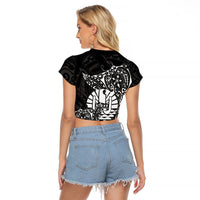 French Polynesia Manta Ray Tattoo Raglan Cropped T Shirt Tahiti Hahalua Turtle Shark Black Color LT14 - Polynesian Pride