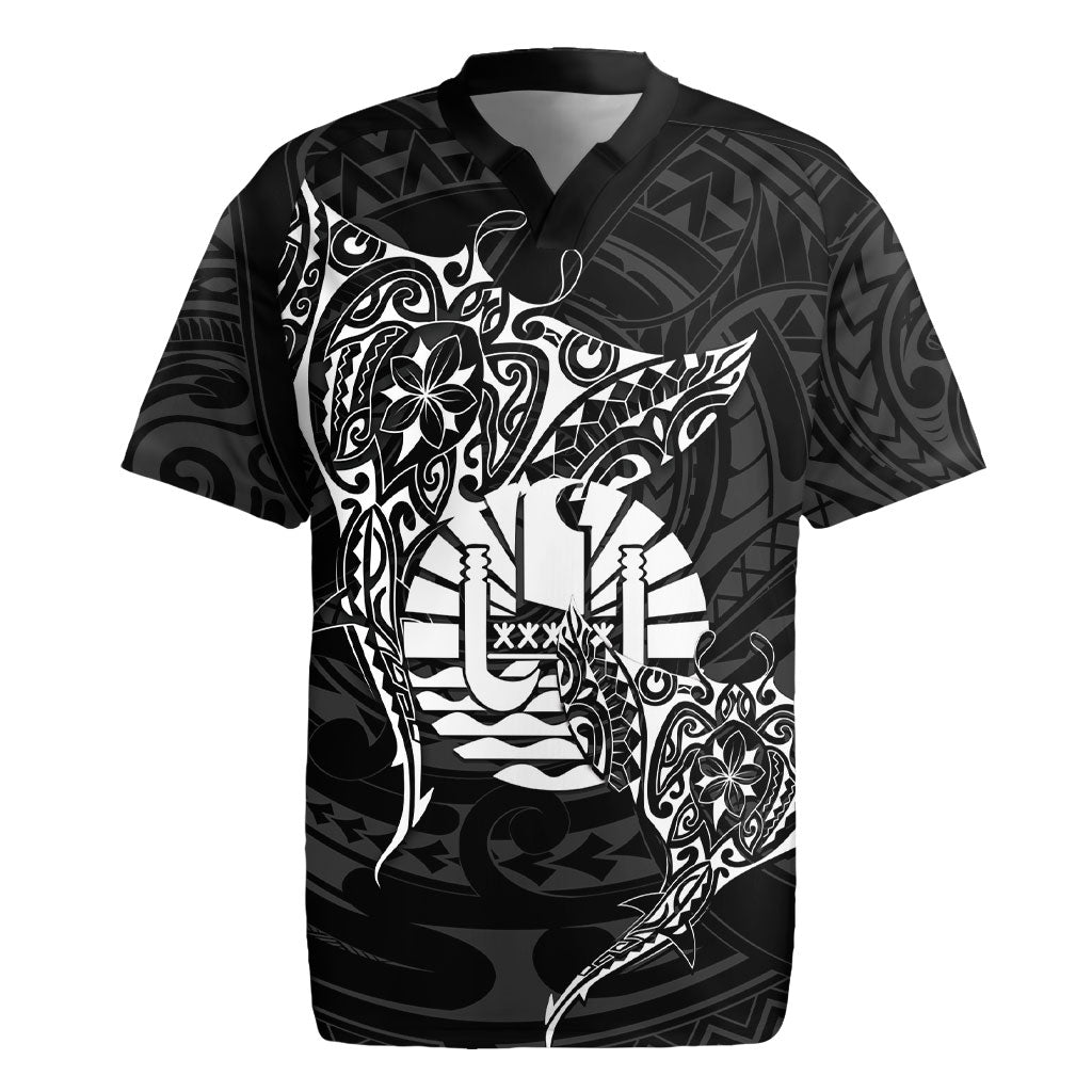 French Polynesia Manta Ray Tattoo Rugby Jersey Tahiti Hahalua Turtle Shark Black Color LT14 Black - Polynesian Pride