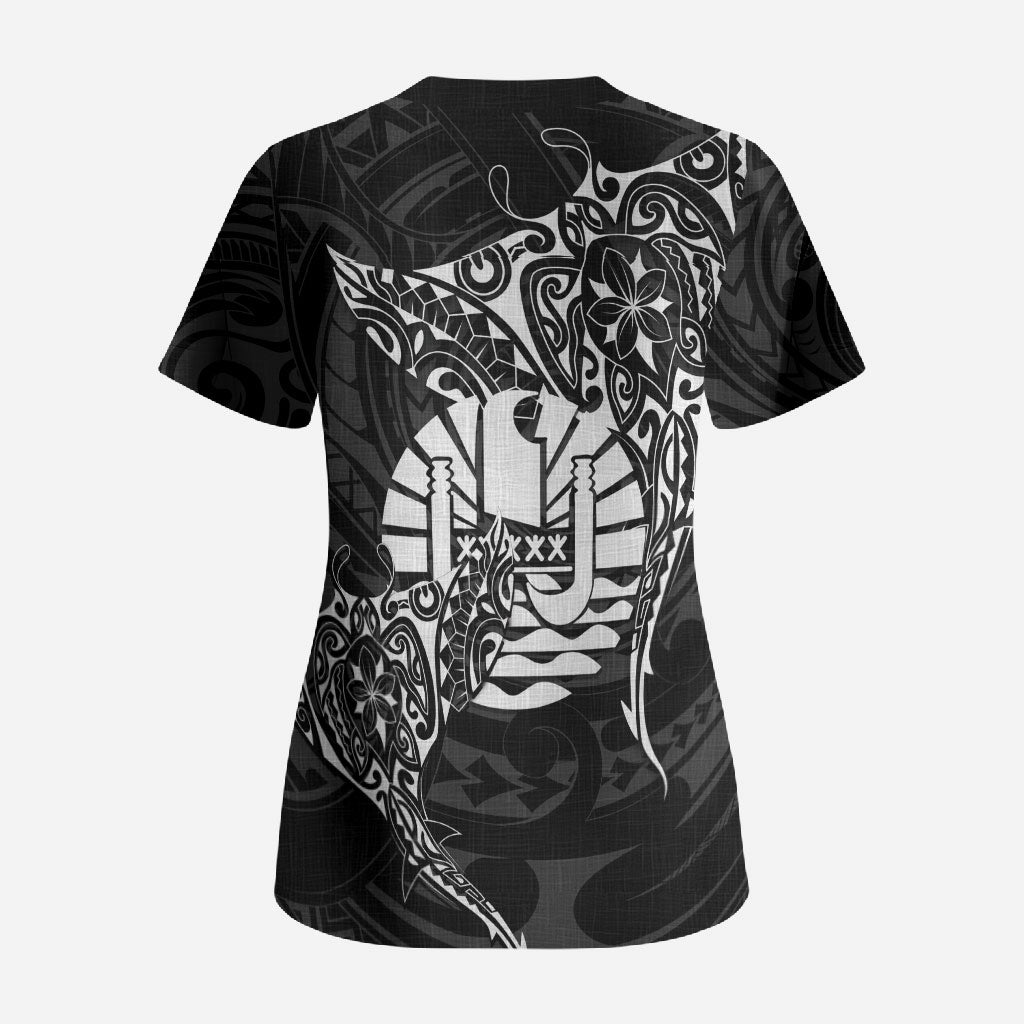 French Polynesia Manta Ray Tattoo Scrub Top Tahiti Hahalua Turtle Shark Black Color