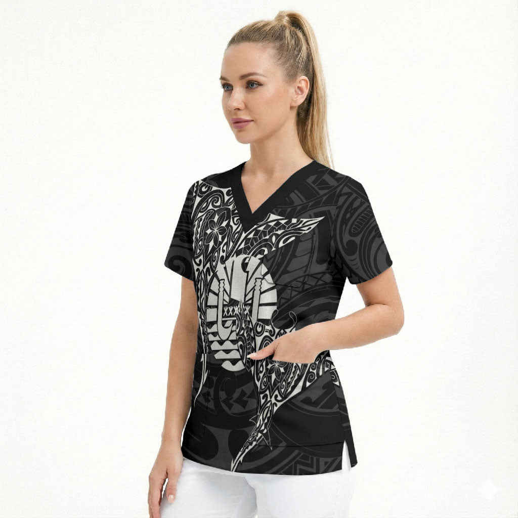French Polynesia Manta Ray Tattoo Scrub Top Tahiti Hahalua Turtle Shark Black Color