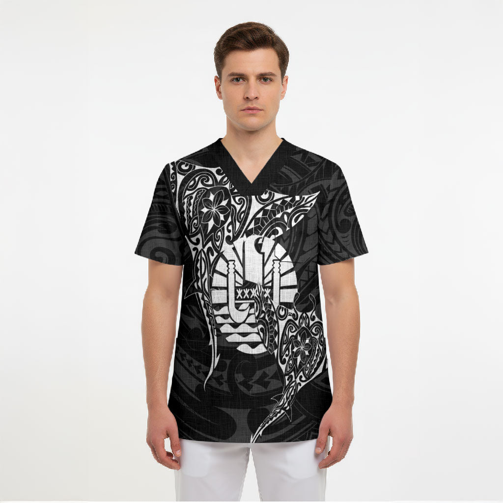 French Polynesia Manta Ray Tattoo Scrub Top Tahiti Hahalua Turtle Shark Black Color