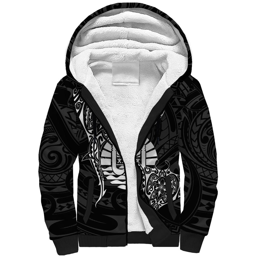 French Polynesia Manta Ray Tattoo Sherpa Hoodie Tahiti Hahalua Turtle Shark Black Color
