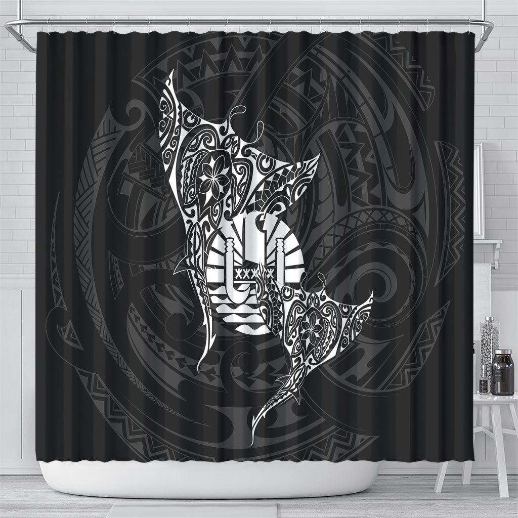 French Polynesia Manta Ray Tattoo Shower Curtain Tahiti Hahalua Turtle Shark Black Color LT14 - Polynesian Pride