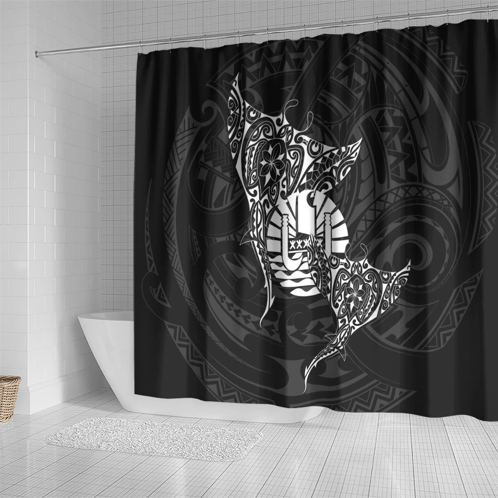 French Polynesia Manta Ray Tattoo Shower Curtain Tahiti Hahalua Turtle Shark Black Color LT14 - Polynesian Pride