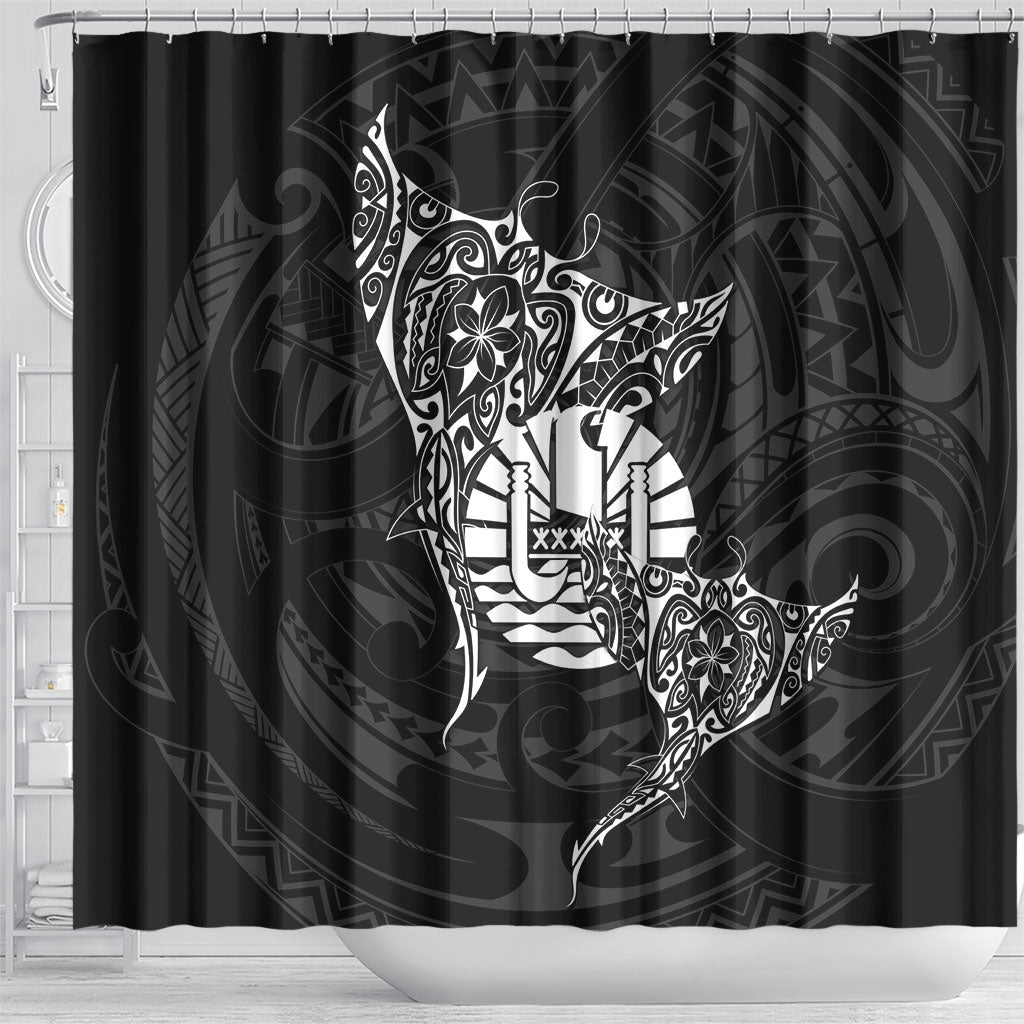 French Polynesia Manta Ray Tattoo Shower Curtain Tahiti Hahalua Turtle Shark Black Color LT14 - Polynesian Pride