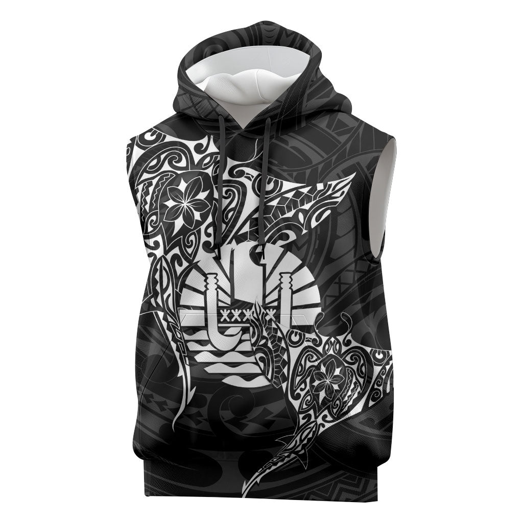 French Polynesia Manta Ray Tattoo Sleeveless Hoodie Tahiti Hahalua Turtle Shark Black Color