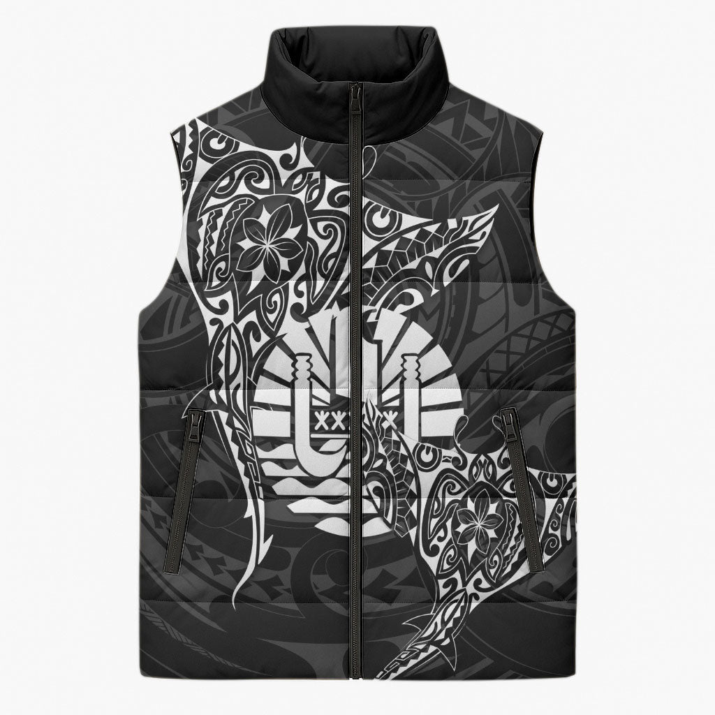 French Polynesia Manta Ray Tattoo Sleeveless Puffer Jacket Tahiti Hahalua Turtle Shark Black Color LT14 Unisex Black - Polynesian Pride