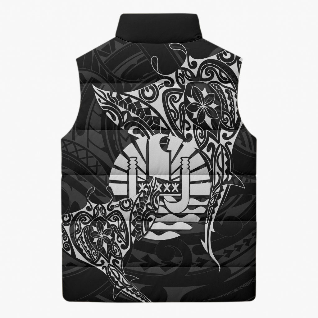 French Polynesia Manta Ray Tattoo Sleeveless Puffer Jacket Tahiti Hahalua Turtle Shark Black Color LT14 - Polynesian Pride