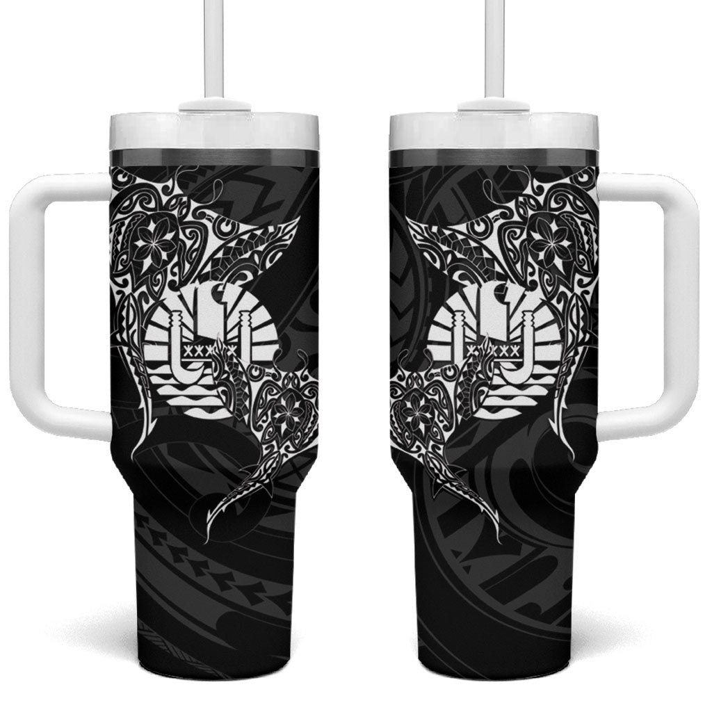 French Polynesia Manta Ray Tattoo Tumbler With Handle Tahiti Hahalua Turtle Shark Black Color LT14 One Size: 40 oz Black - Polynesian Pride