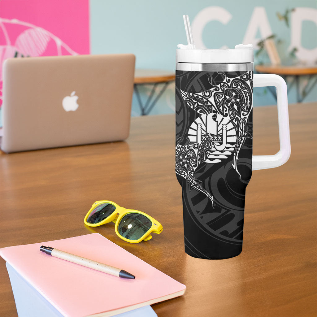 French Polynesia Manta Ray Tattoo Tumbler With Handle Tahiti Hahalua Turtle Shark Black Color LT14 - Polynesian Pride