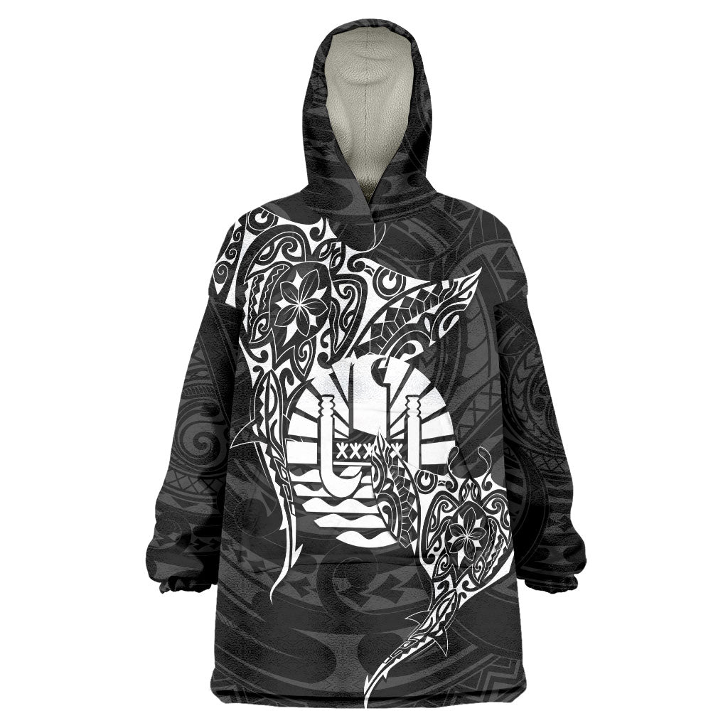 French Polynesia Manta Ray Tattoo Wearable Blanket Hoodie Tahiti Hahalua Turtle Shark Black Color