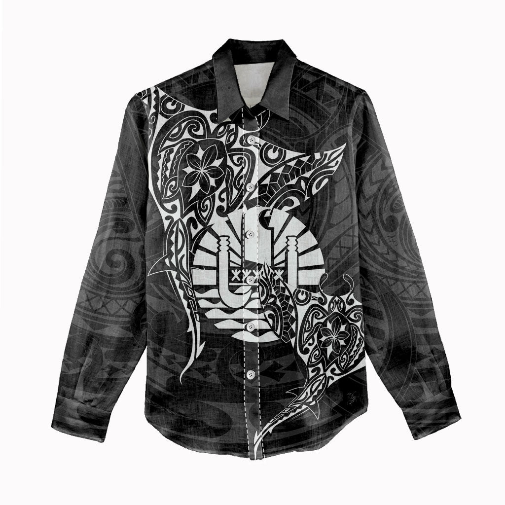 French Polynesia Manta Ray Tattoo Women Casual Shirt Tahiti Hahalua Turtle Shark Black Color